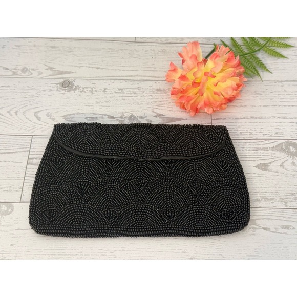 Hato Hasi Black Beaded Vintage Japan Satin Lined Clutch Evening Formal Purse EUC